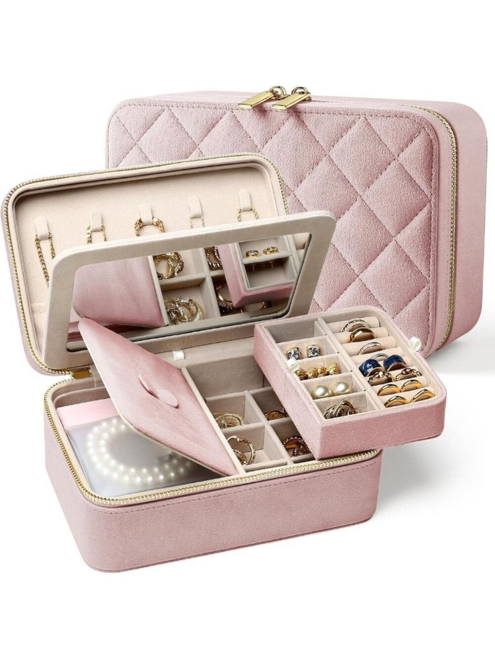 Blush Pink Velvet Jewelry Organizer Case with Mirror, Travel-Friendly